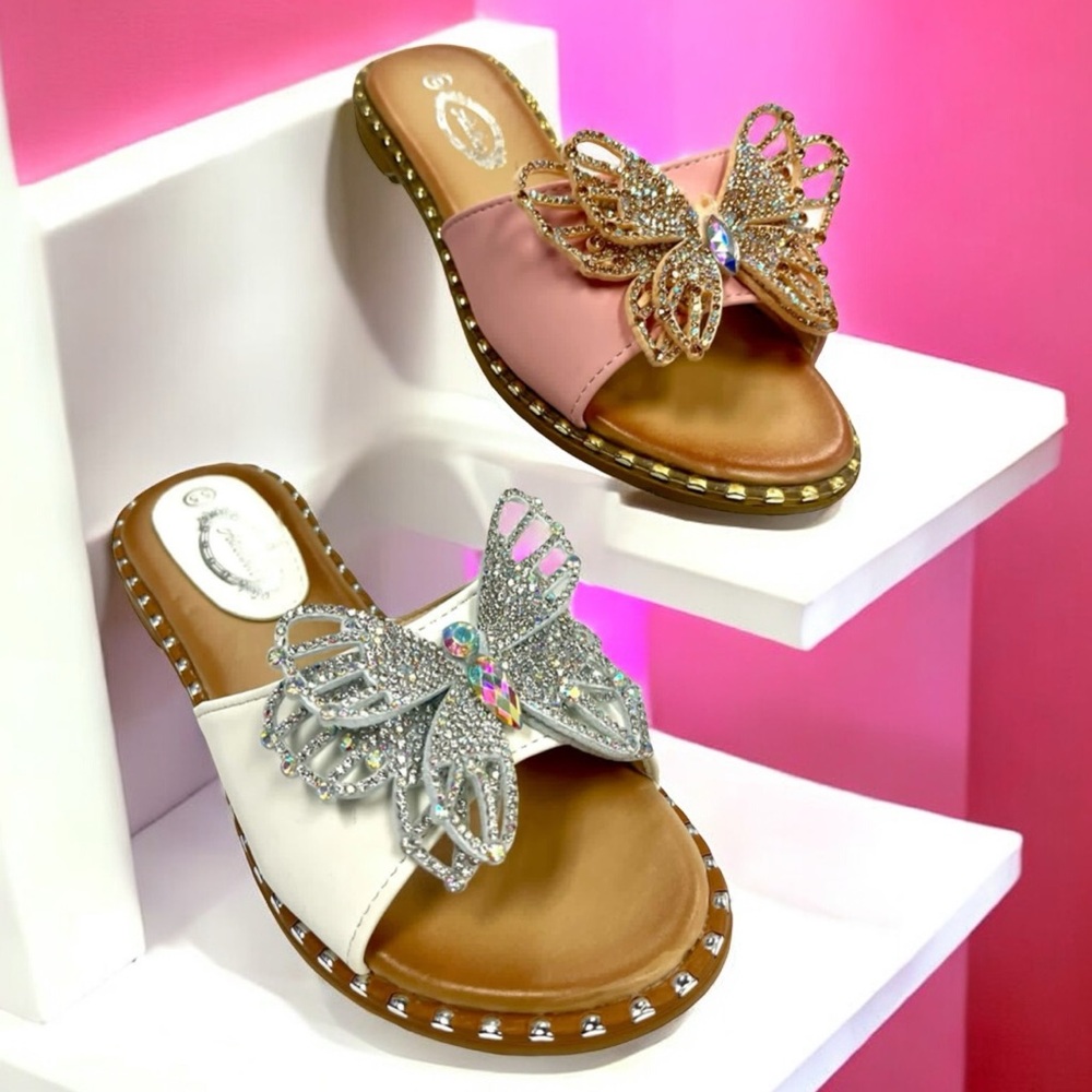 Italina White Butterfly AB Stone Embellished Flat Sandals